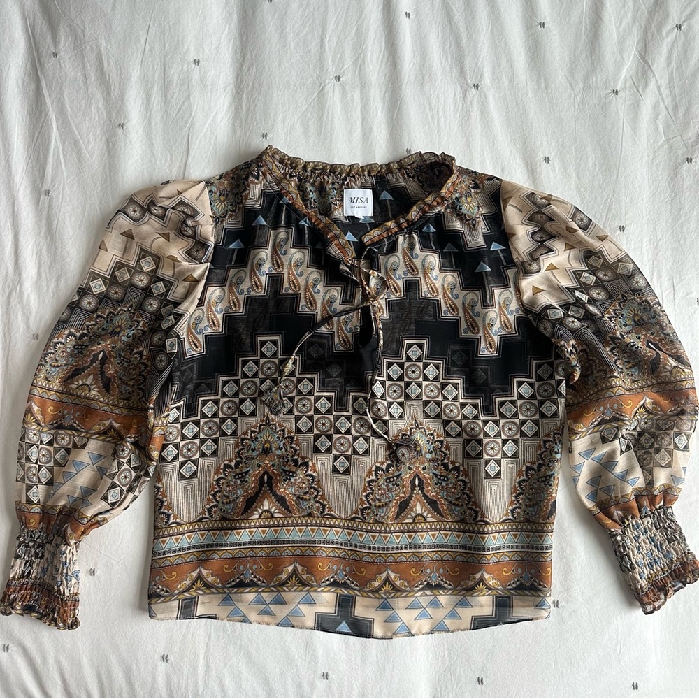 Misa Geometric Print Blouse - Black and Brown